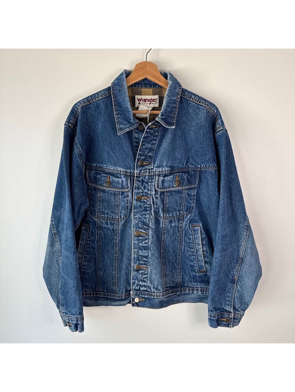 Vintage 90s Wrangler Rugged Wear Denim Plaid Lining Jacket Size XL